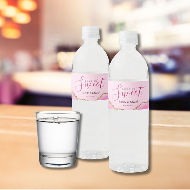 Love Is Sweet Gold & Pink Agate Stone Wedding Water Bottle Label (Creator Uploaded)