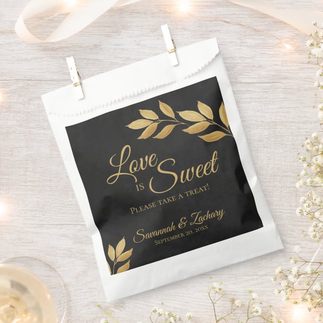 Love is Sweet Golden Leaves on Black Wedding Favour Bag (Clipped)