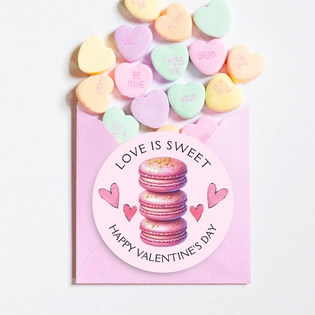 Love is Sweet Happy Valentine's Day Macaron Classic Round Sticker (Love is sweet, or your own saying, Valentine's Day sticker, or any other event for your packaging.)