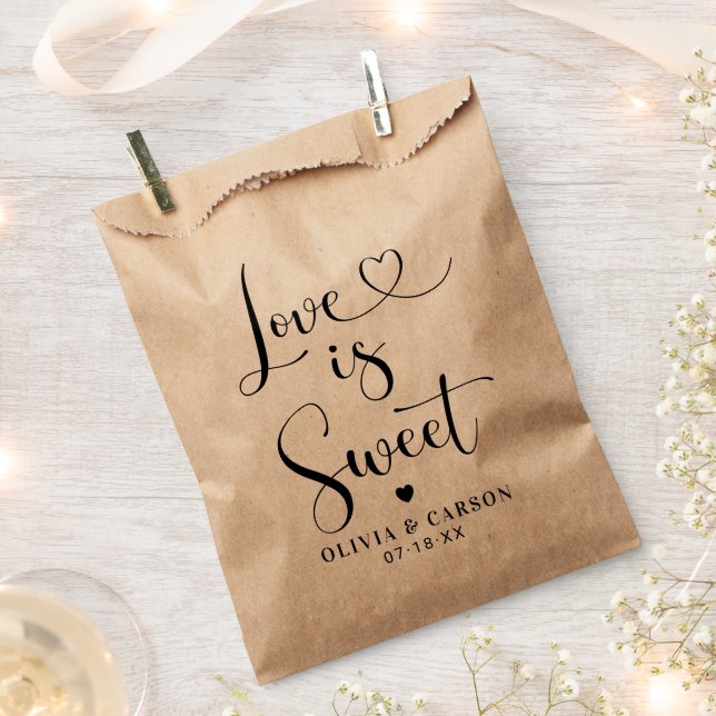 Love is Sweet Heart Script Kraft Wedding Favour Bag (Clipped)