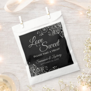 Love is Sweet Lacy Silver & Black Elegant Wedding Favour Bag