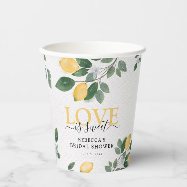 'Love is Sweet' Lemon & Greenery Bridal Shower Paper Cups (Front)