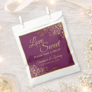 Love is Sweet Magenta Plum & Gold Lace Wedding Favour Bag