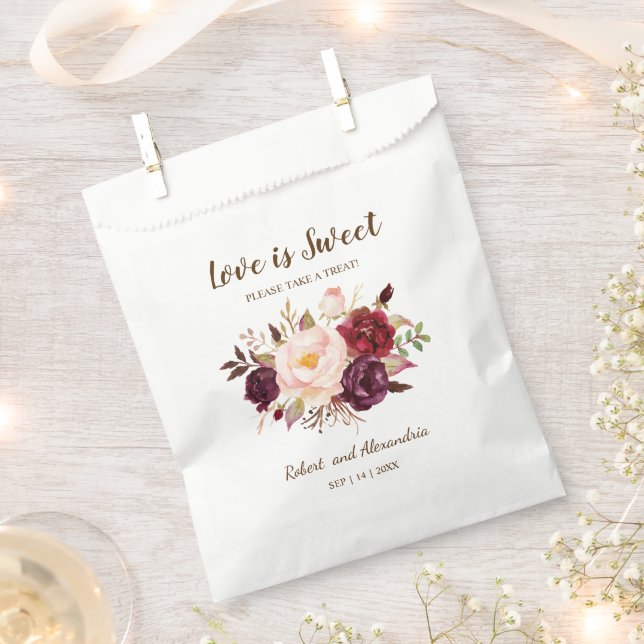 Love is Sweet Marsala Flowers Wedding Treat Favour Bag (Clipped)