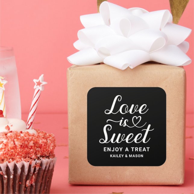 Love is Sweet Modern Black Heart Script Square Sticker (Party)