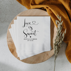 Love is Sweet Modern Black Heart Script Wedding Napkin