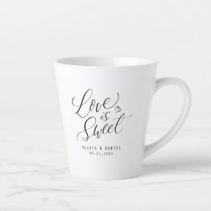 "love is sweet" modern calligraphy wedding favour latte mug