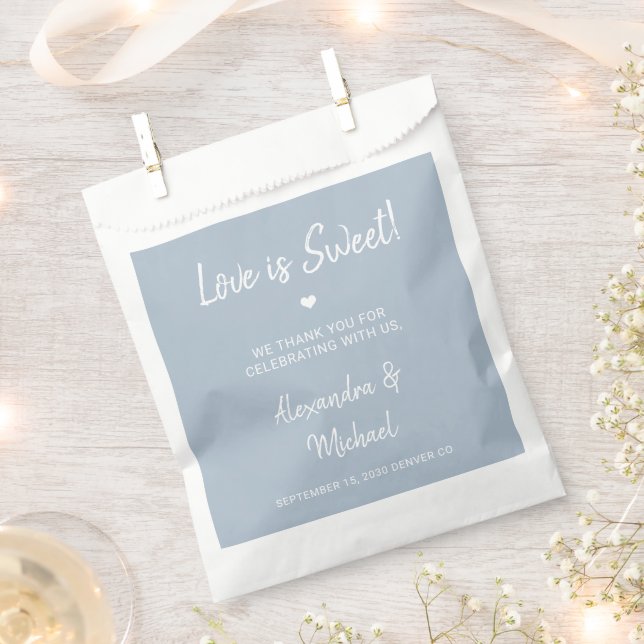 Love is sweet modern dusty blue wedding favour bag (Clipped)