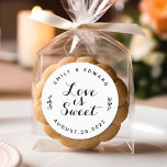 Love is Sweet Modern Rustic Wedding Favour Classic Round Sticker<br><div class="desc">Custom-designed modern rustic wedding favour stickers and labels featuring "Love is Sweet" black and white design.</div>