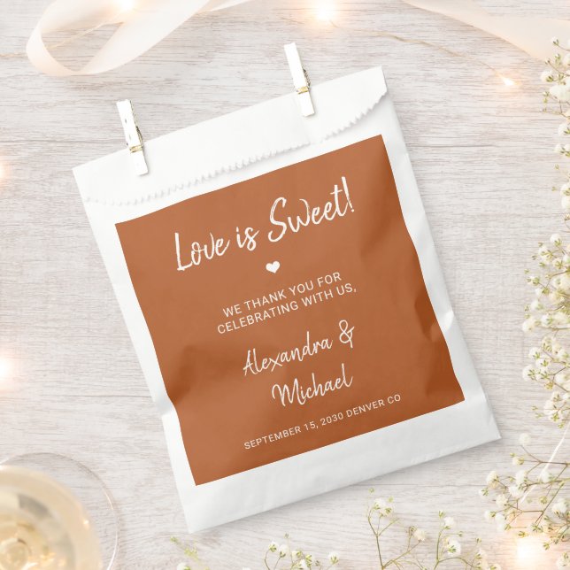 Love is sweet modern terracotta wedding favour bag (Clipped)