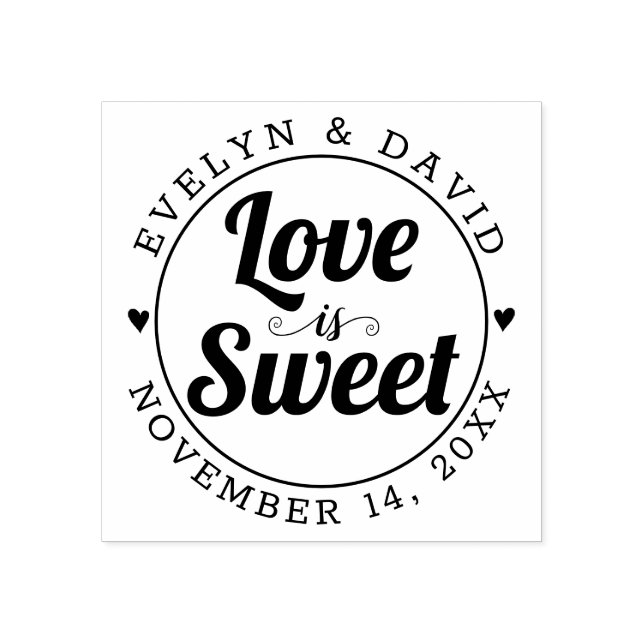 Love is sweet, names and wedding date rubber stamp (Imprint)