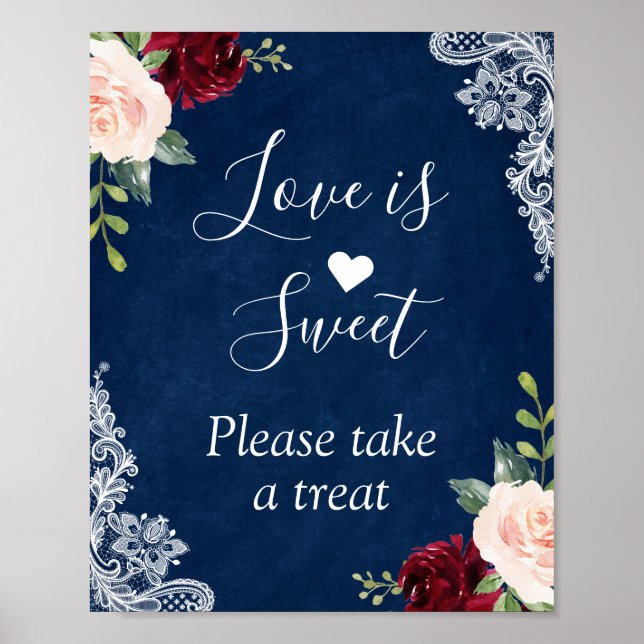 Love is Sweet Navy Blue Blush Floral Lace Poster (Front)