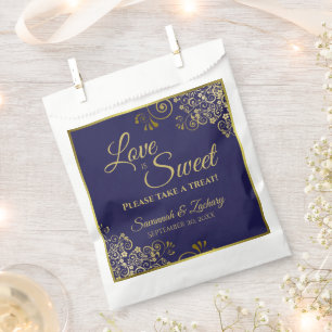 Love is Sweet Navy Blue & Gold Lace Wedding Favour Bag