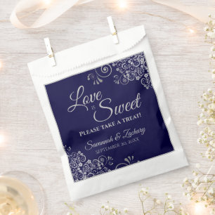 Love is Sweet Navy Blue & Silver Lace Wedding Favour Bag