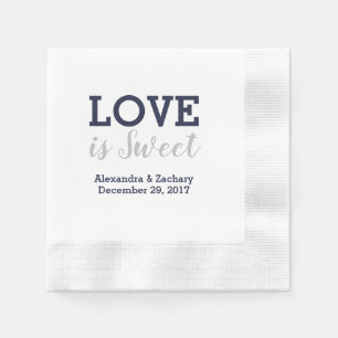Love Is Sweet Navy Blue Silver Wedding Engagement Napkin