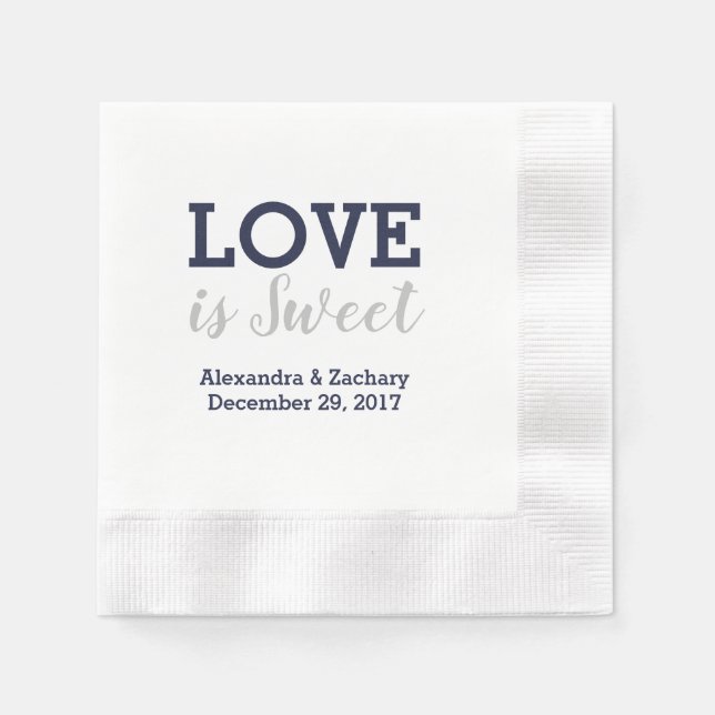 Love Is Sweet Navy Blue Silver Wedding Engagement Napkin (Front)
