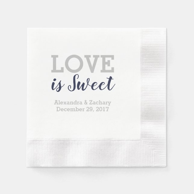 Love Is Sweet Navy Blue Silver Wedding Engagement Napkin (Front)