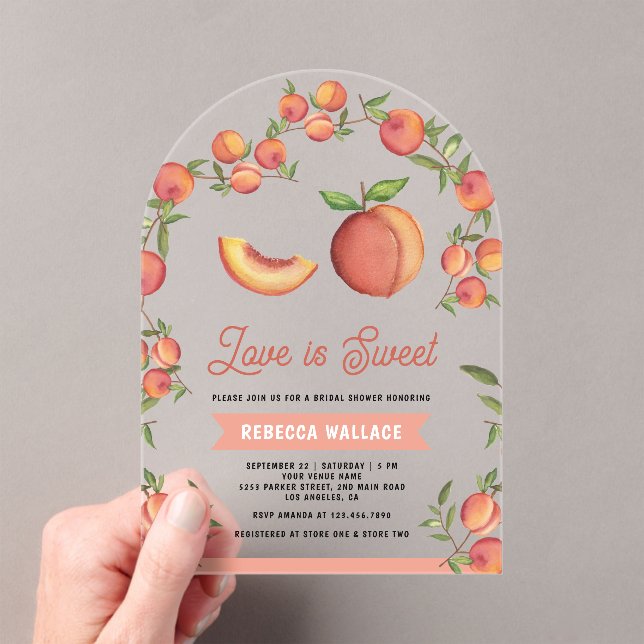 Love is Sweet Peach Fruit Arch Bridal Shower Acrylic Invitations (Insitu (Handheld))