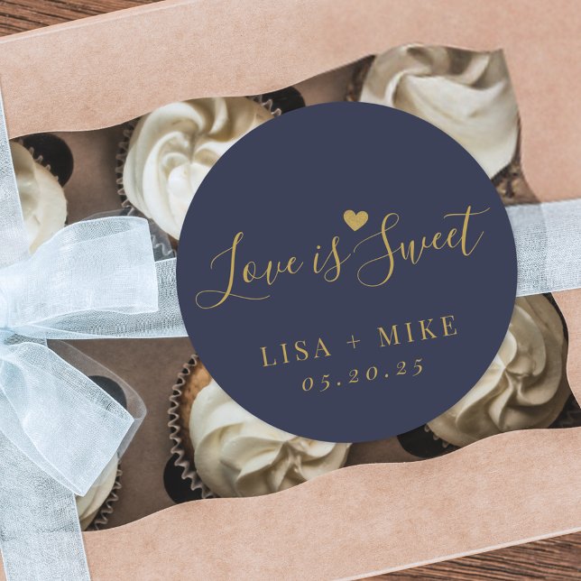 Love is Sweet Personalised Wedding Favour Navy Blu Classic Round Sticker (Creator Uploaded)