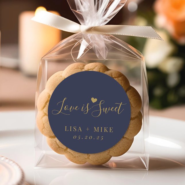 Love is Sweet Personalised Wedding Favour Navy Blu Classic Round Sticker (Creator Uploaded)