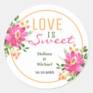 Love Is Sweet Pink Floral Wedding Favour Classic Round Sticker