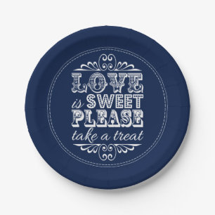 Love Is Sweet, Please Take A Treat! Navy Blue Paper Plate