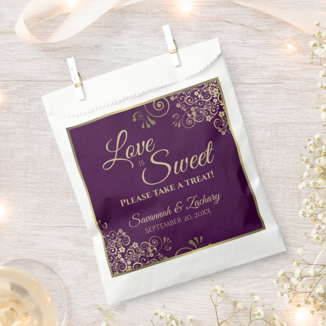 Love is Sweet Plum Purple & Gold Lace Wedding Favour Bag (Clipped)