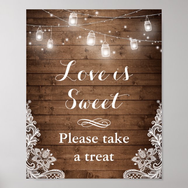 Love is Sweet | Rustic Wood String Lights Lace Poster (Front)