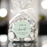 Love Is Sweet Sage Green Wedding Favour Classic Round Sticker<br><div class="desc">Chic sage green sticker for your wedding reception favours featuring "Love Is Sweet" in simple modern typography and an elegant calligraphy swash script,  your first names joined together by a heart and your wedding date.</div>