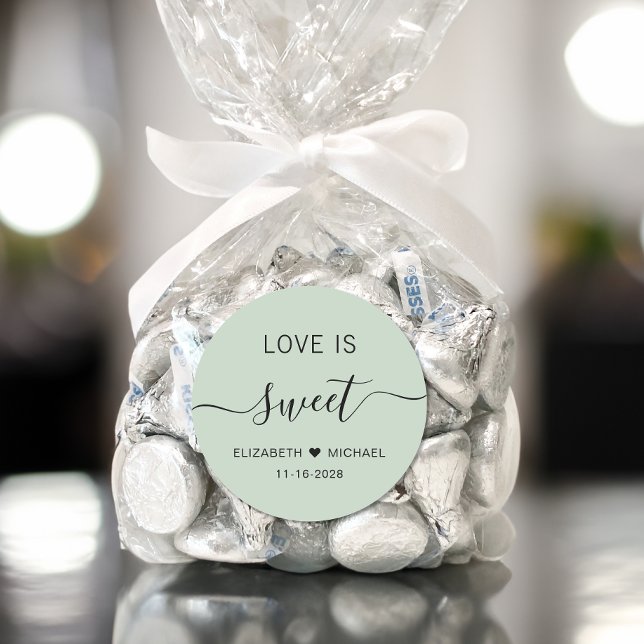Love Is Sweet Sage Green Wedding Favour Classic Round Sticker (Creator Uploaded)
