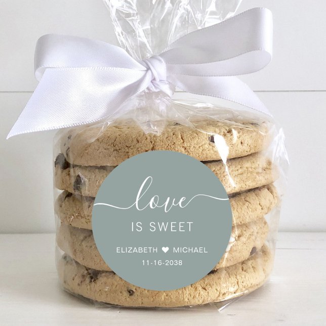 Love Is Sweet Sage Green Wedding Favour Classic Round Sticker (Creator Uploaded)