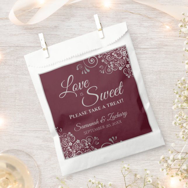 Love is Sweet Silver Lace Elegant Burgundy Wedding Favour Bag (Clipped)