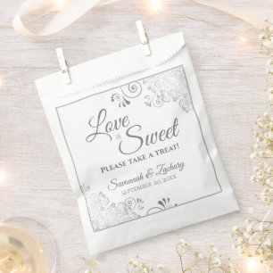 Love is Sweet Silver Lace & Grey Script Wedding Favour Bag