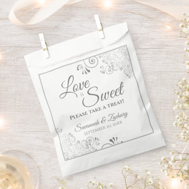 Love is Sweet Silver Lace & Grey Script Wedding Favour Bag (Clipped)