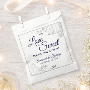 Love is Sweet Silver Lace & Navy Script Wedding Favour Bag