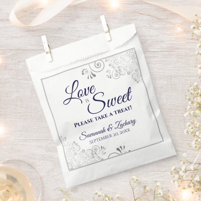 Love is Sweet Silver Lace & Navy Script Wedding Favour Bag (Clipped)