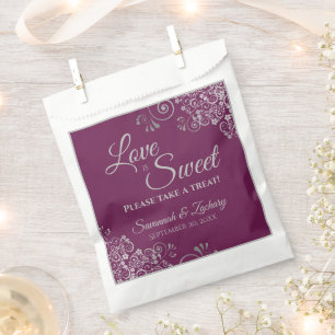Love is Sweet Silver Lace on Cassis Purple Wedding Favour Bag