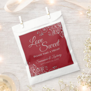 Love is Sweet Silver Lace on Red Elegant Wedding Favour Bag