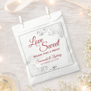 Love is Sweet Silver Lace & Red Script Wedding Favour Bag