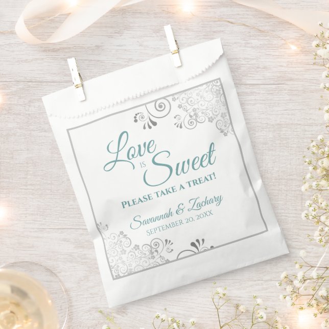 Love is Sweet Silver Lace Teal on White Wedding Favour Bag (Clipped)