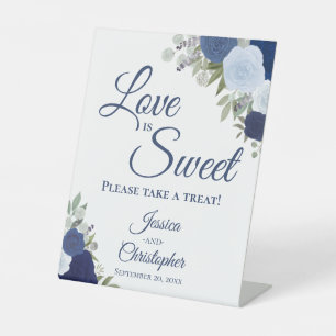 Love is Sweet Take a Treat Dusty Blue & Navy Roses Pedestal Sign