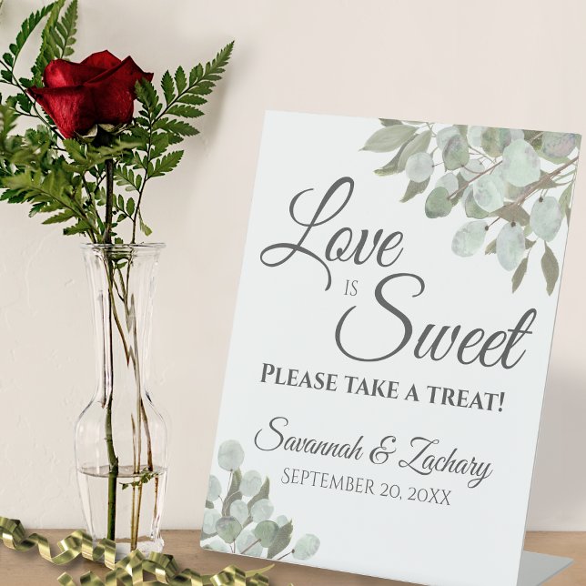 Love is Sweet Take a Treat Eucalyptus & Greenery Pedestal Sign (In Situ with Red Rose)