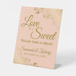 Love is Sweet Take a Treat Gold Lace Coral Peach Pedestal Sign