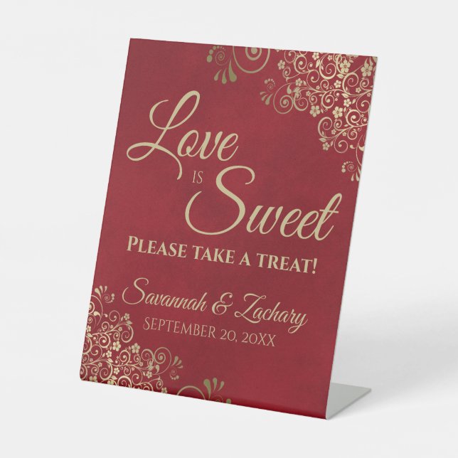 Love is Sweet Take a Treat Gold Lace & Crimson Red Pedestal Sign (Front)