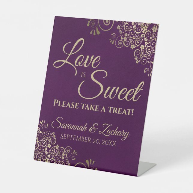 Love is Sweet Take a Treat Gold Lace & Plum Purple Pedestal Sign (Front)