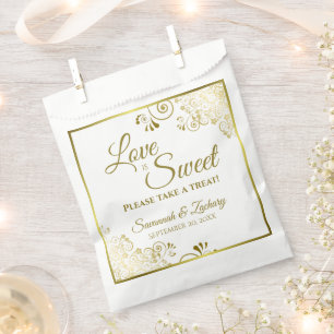 Love is Sweet Take a Treat Gold Lace White Wedding Favour Bag