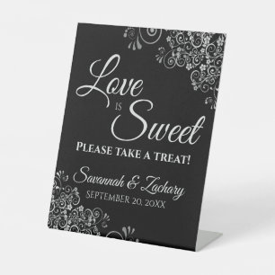 Love is Sweet Take a Treat Lacy Silver & Black Pedestal Sign