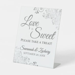 Love is Sweet Take a Treat Silver Lace on White Pedestal Sign