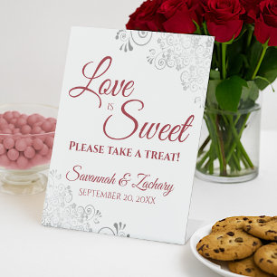 Love is Sweet Take a Treat Silver Lace Red Wedding Pedestal Sign