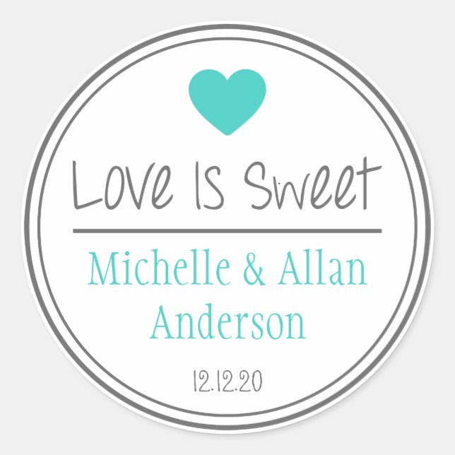 Love Is Sweet The New Mr. & Mrs. (Teal / Grey) Classic Round Sticker (Front)